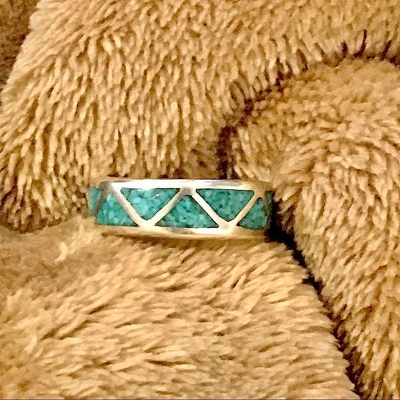 VTG Sterling Silver Southwest Crushed Turquoise Inlay Ring - Picture 12 of 13
